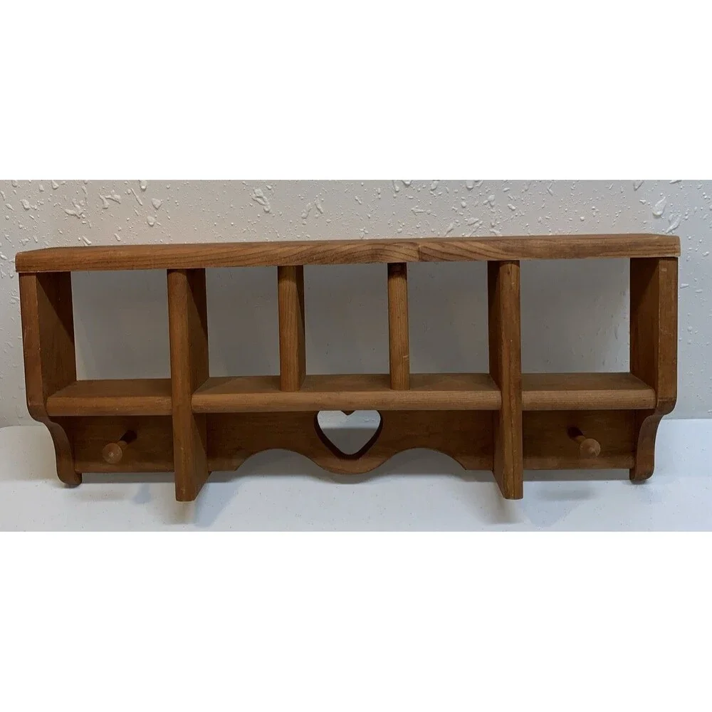 Country Wall Curio Knick Knack Display Shelf Wooden Cubbies Pegs Pine Heart
